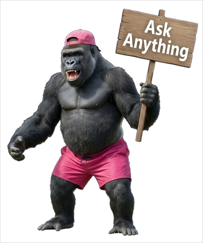 Gorilla holding Ask Anything sign &mdash; Chat with Gorilla
