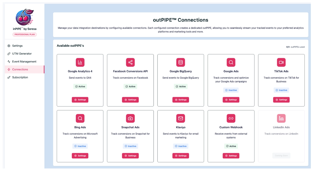 outPIPE connections dashboard showing available integrations