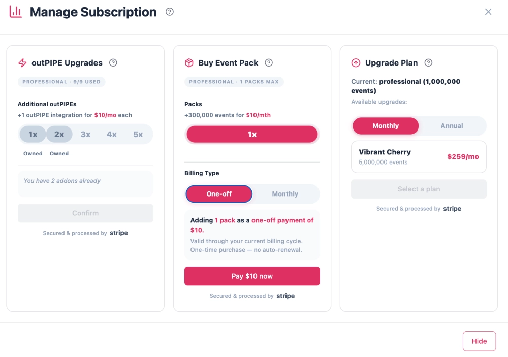 Subscription management showing outPIPE upgrades and plan options