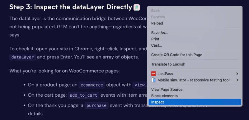 Right-click menu in Chrome with Inspect selected to open developer tools