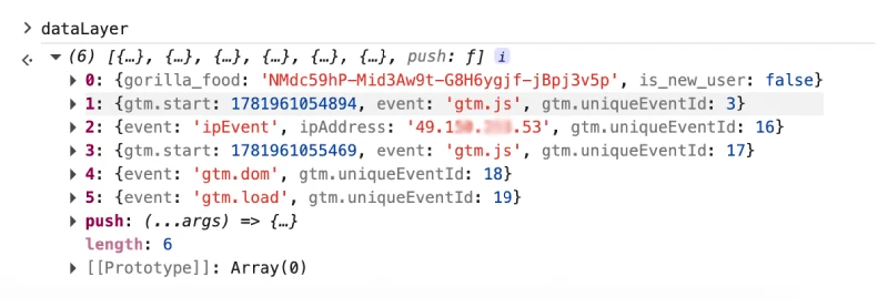 Chrome console showing the dataLayer array of event objects